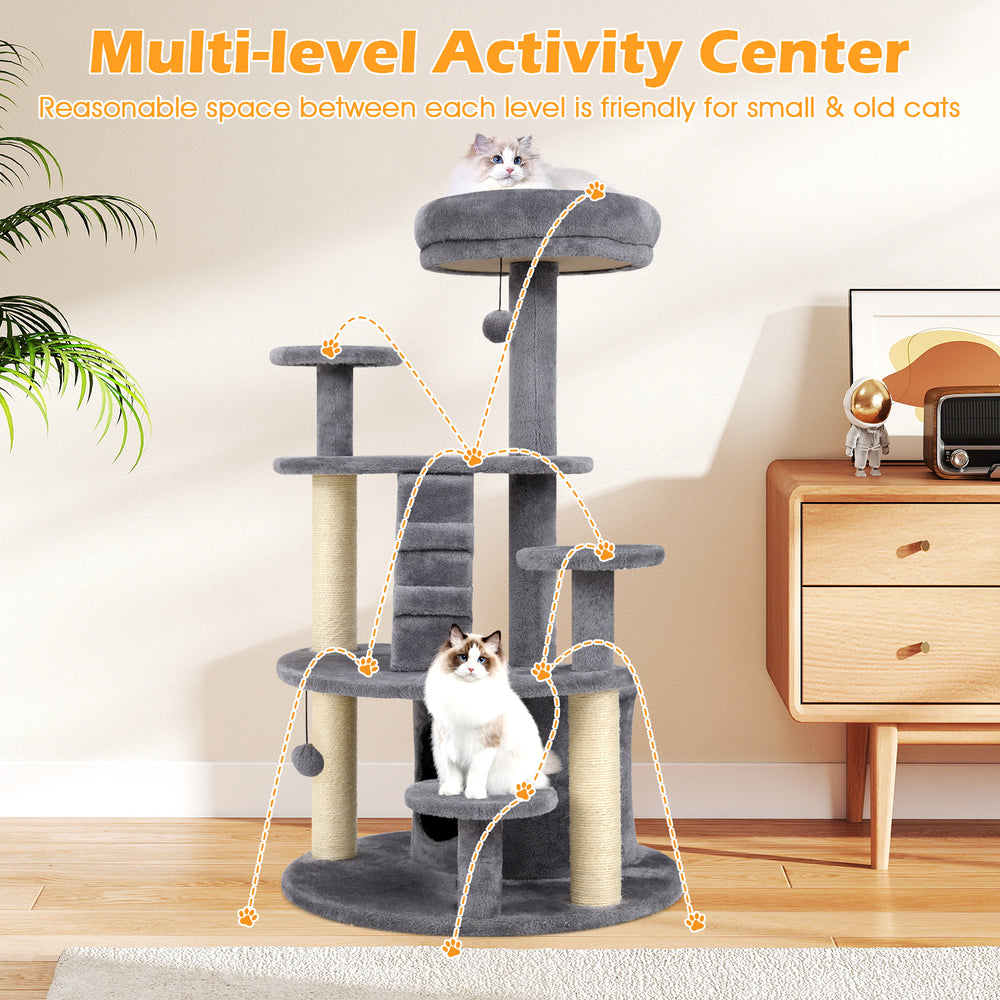 Multi-level kitty tower with condo, climbing ladder, and plush covering for small and old cats to explore and relax.