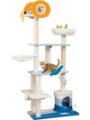 Multi-level ocean-themed cat tree tower in blue with sisal scratching posts, cozy hammock, and playful fish-shaped toys.