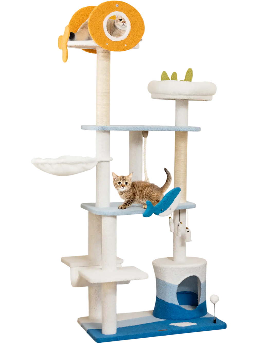 Multi-level ocean-themed cat tree tower in blue with sisal scratching posts, cozy hammock, and playful fish-shaped toys.