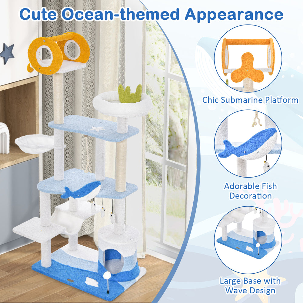 Multi-level ocean-themed cat tree tower in blue with sisal scratching posts and playful fish-shaped decorations.