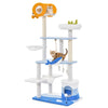 Multi-level ocean-themed cat tree tower in blue with sisal scratching posts, featuring a perch, hammock, and.