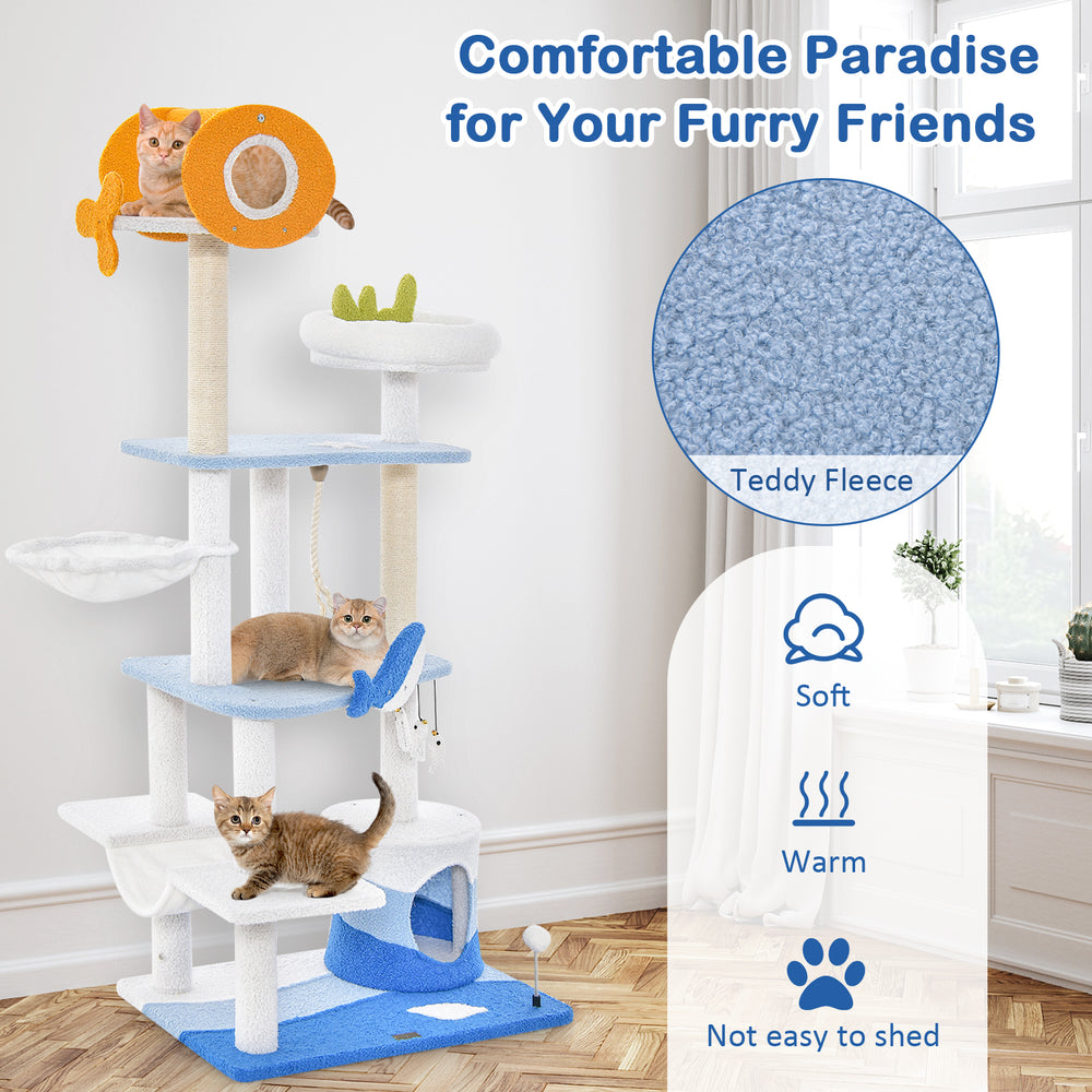 Multi-level ocean-themed cat tree tower in blue with sisal scratching posts, cozy hammock, and playful fish-shaped.