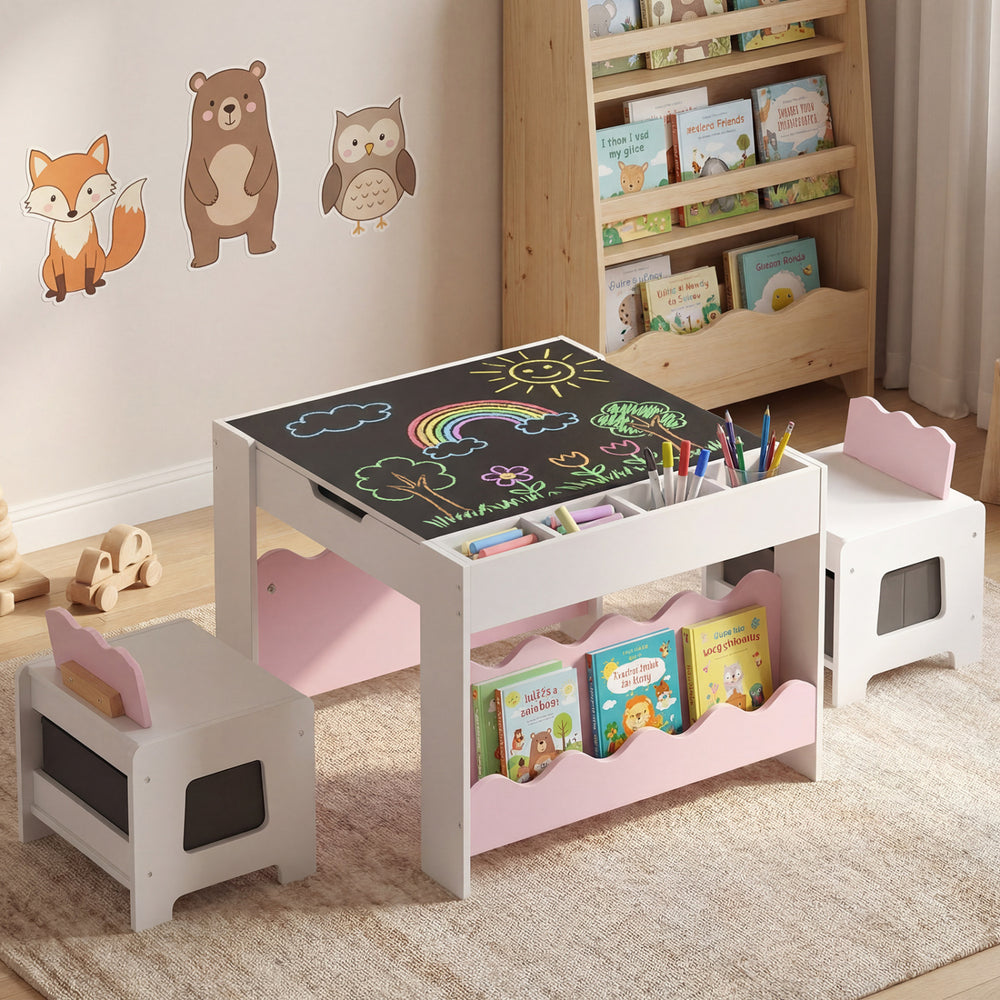 Multi-purpose Activity Kids Table and Chairs Set with Double-sided Tabletop-Pink - Gallery View 1 of 13