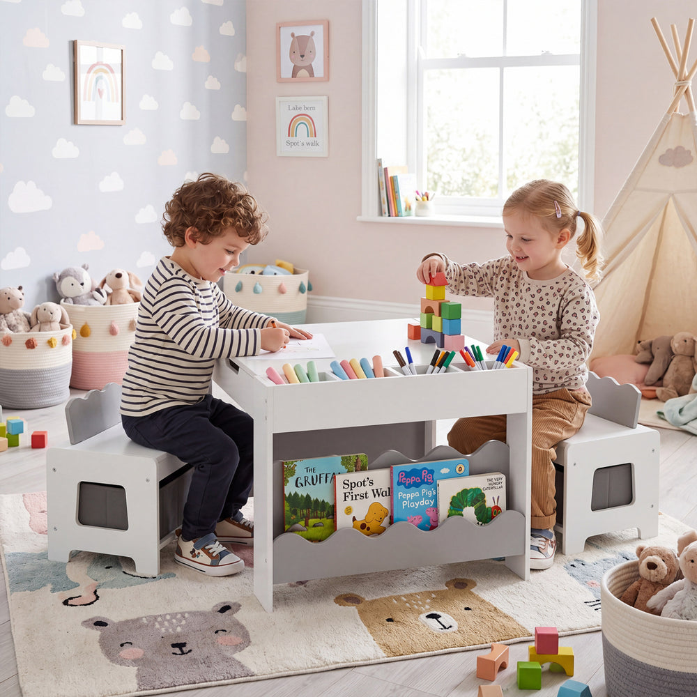 Kids using the gray multi-purpose activity table with reversible chalkboard surface and storage compartments for.