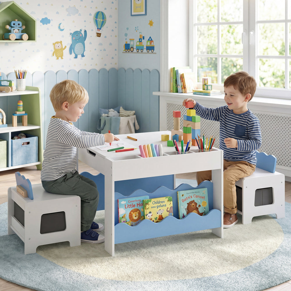 Multi-purpose Activity Kids Table and Chairs Set with Double-sided Tabletop-Blue - Gallery View 1 of 11