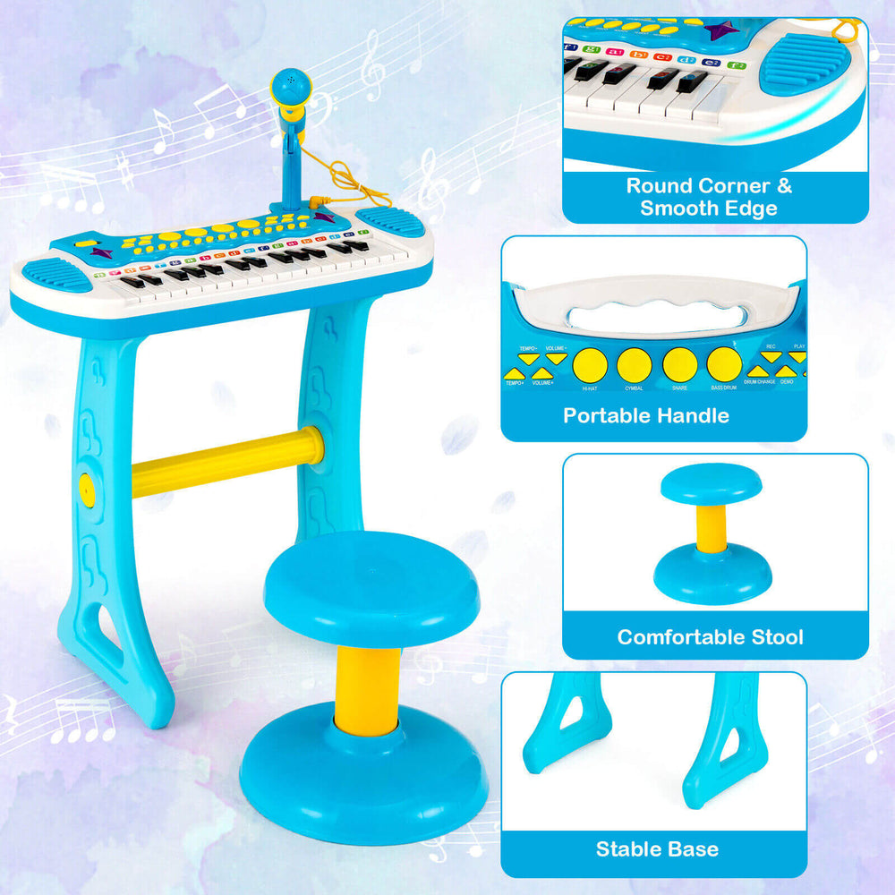Kids piano keyboard toy in blue with 31 keys, adjustable microphone, and comfortable stool for musical fun.