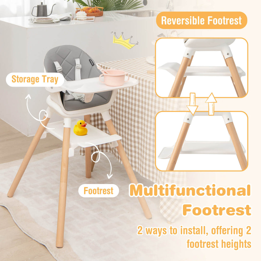 Multifunctional baby high chair featuring a removable tray, adjustable footrest, and durable beech wood legs for safety.