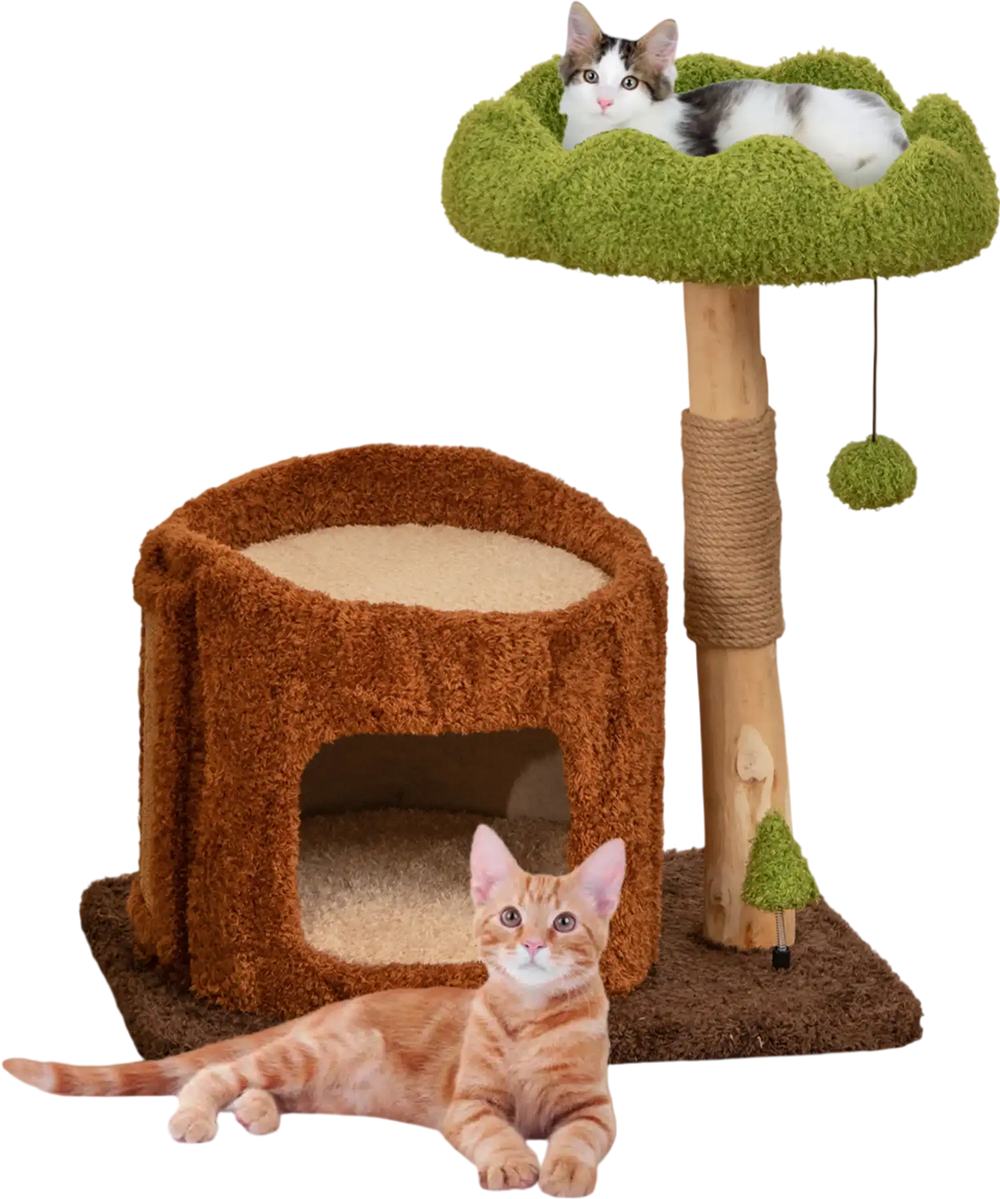 Multifunctional cat tree in brown with a cozy top perch, private condo, and sisal scratching post for feline fun.