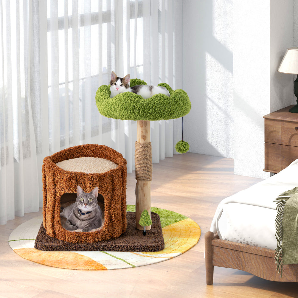 Multifunctional cat tree featuring a cozy condo, plush top perch, and sisal scratching post for feline relaxation.