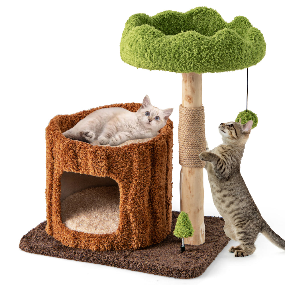Multifunctional cat tree in brown with a cozy condo, scratching post, and plush top perch for feline relaxation.