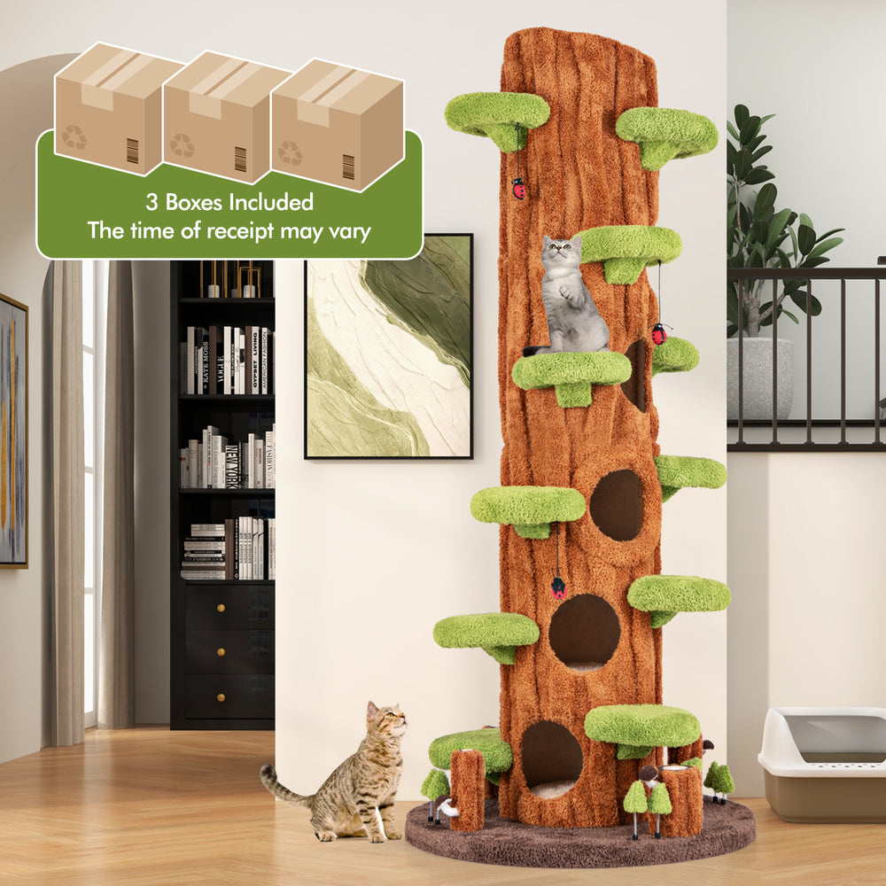 Tall brown multifunctional cat tree with private condos, sisal scratching panel, and plush cushions for indoor cats.