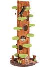 Tall brown multifunctional cat tree with private condos, plush cushions, and multiple jumping platforms for indoor cats.