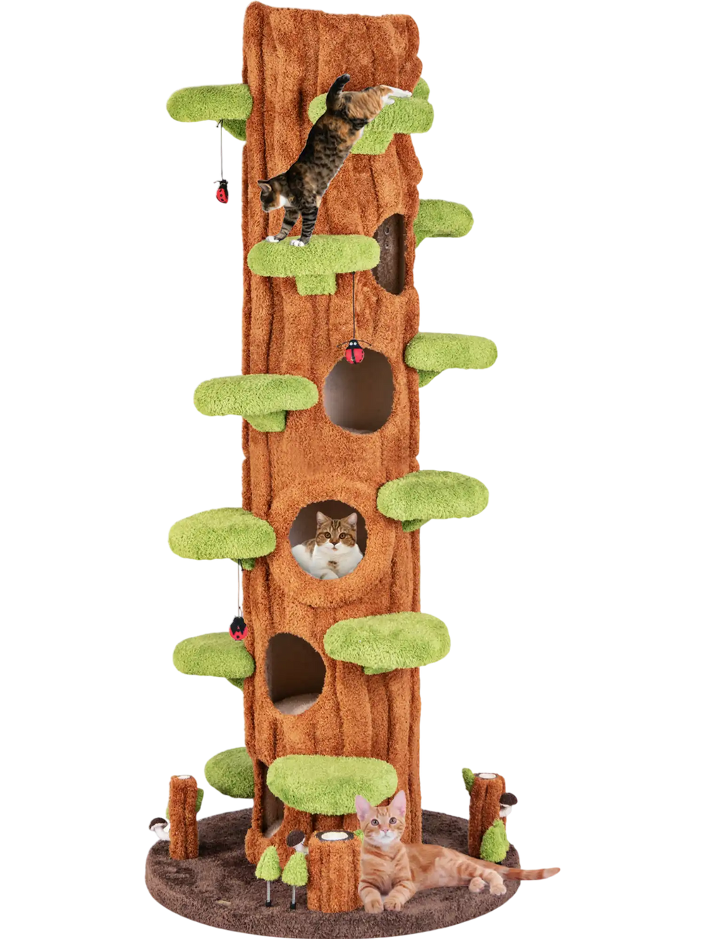 Tall brown multifunctional cat tree with private condos, plush cushions, and multiple jumping platforms for indoor cats.