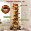 90.5-inch tall multifunctional cat tree in brown with private condos and cozy jumping platforms for indoor cats.