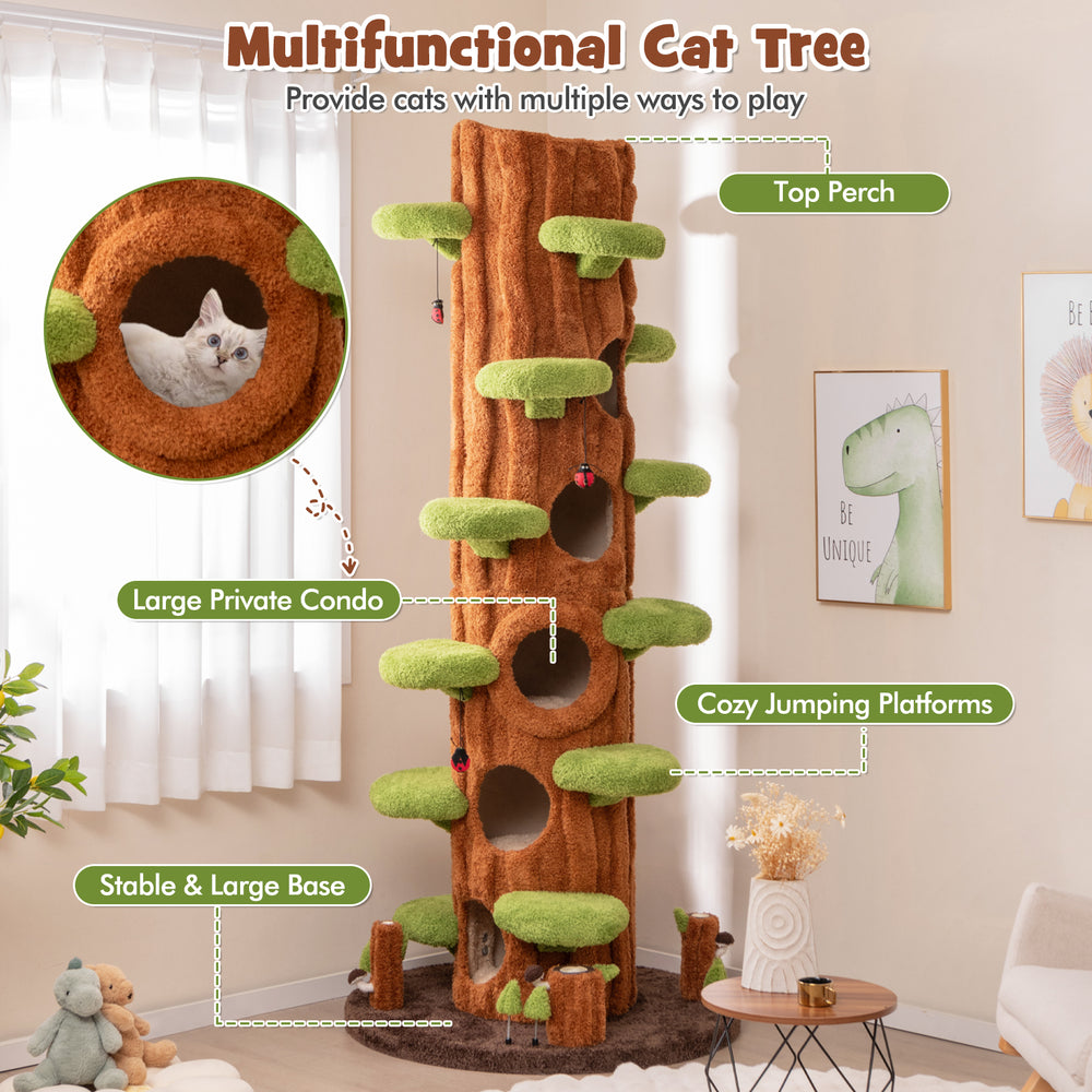 90.5-inch tall multifunctional cat tree in brown with private condos and cozy jumping platforms for indoor cats.