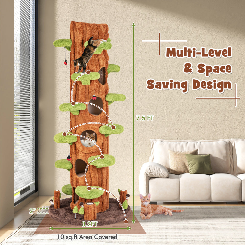 90.5-inch tall multifunctional cat tree in brown with private condos, multiple platforms, and sisal scratching panel.