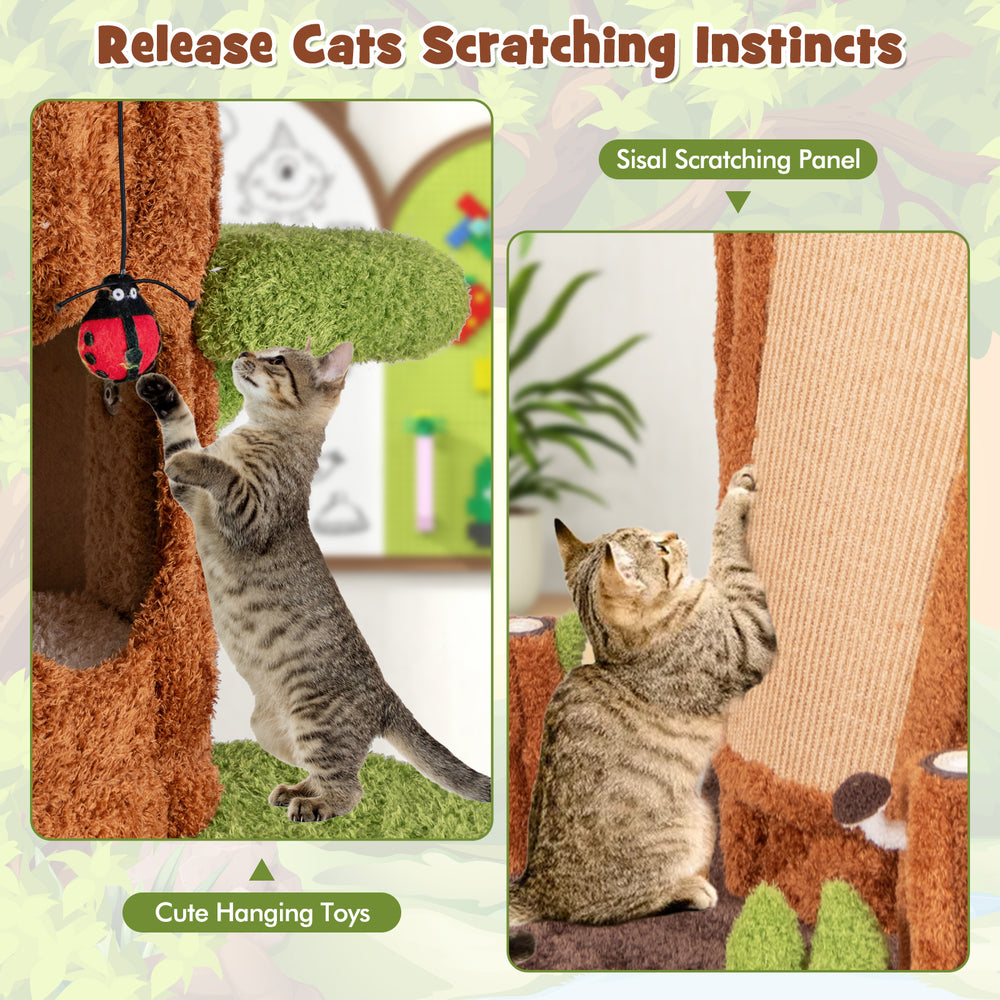 Multifunctional cat tree featuring sisal scratching panel and cozy condos for indoor cats, perfect for play and.