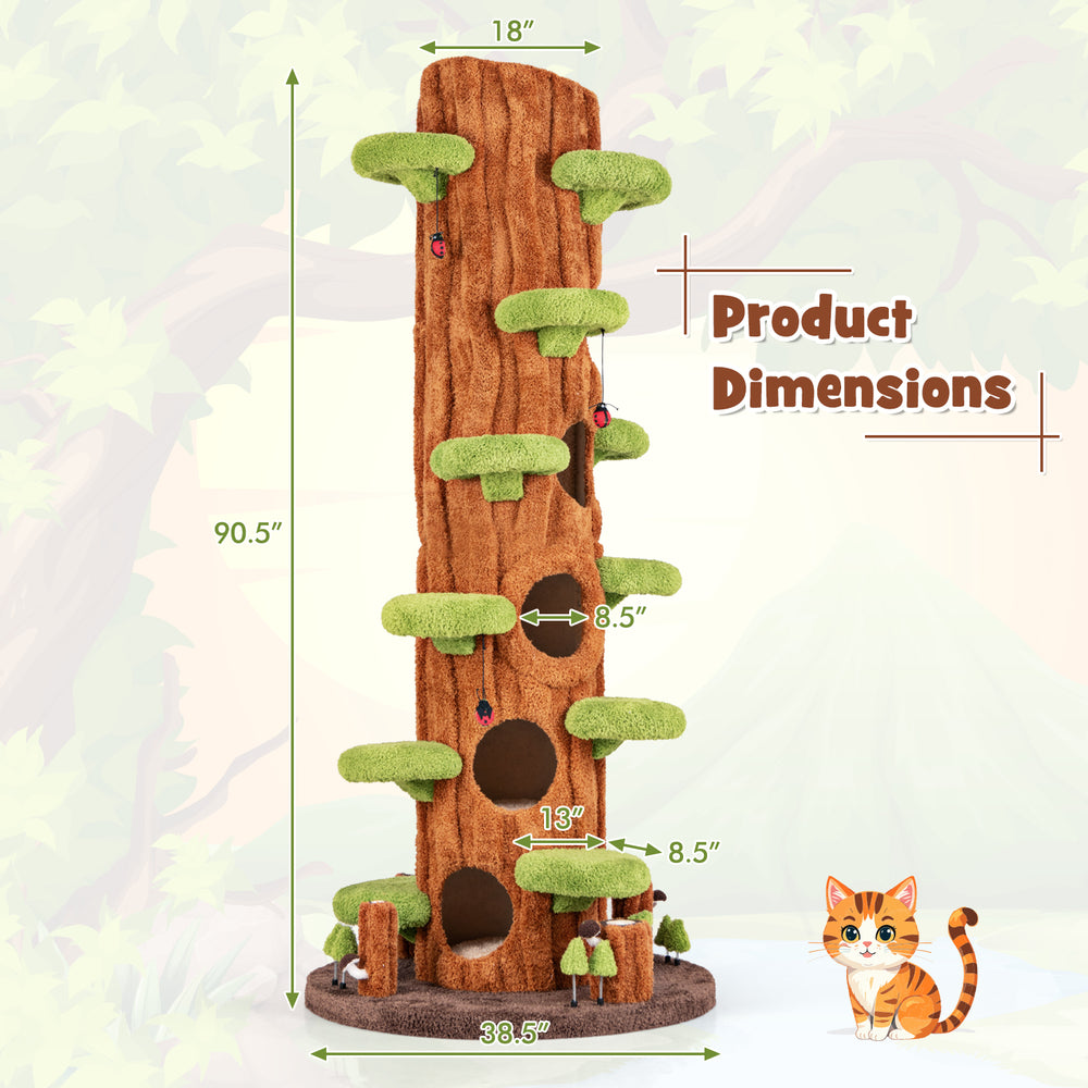 Tall 90.5-inch multifunctional cat tree in brown with private condos, sisal scratching panel, and multiple jumping.