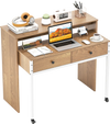 Extendable computer desk in natural finish with pull-out secondary desk, two drawers, and top shelf for versatile.