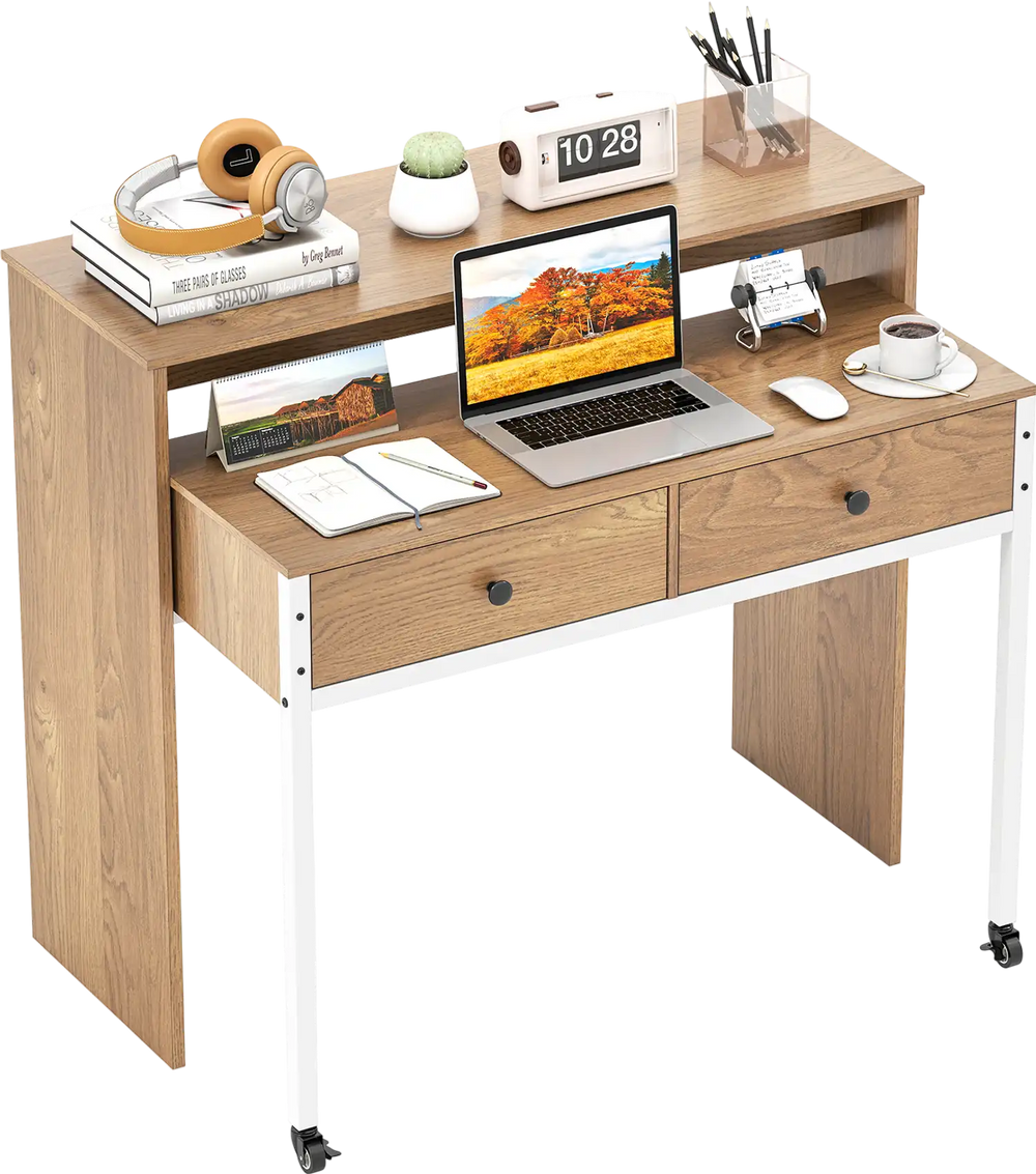 Extendable computer desk in natural finish with pull-out secondary desk, two drawers, and top shelf for versatile.