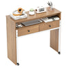 Extendable computer desk in natural finish with top shelf and two drawers, perfect for small spaces and versatile use.