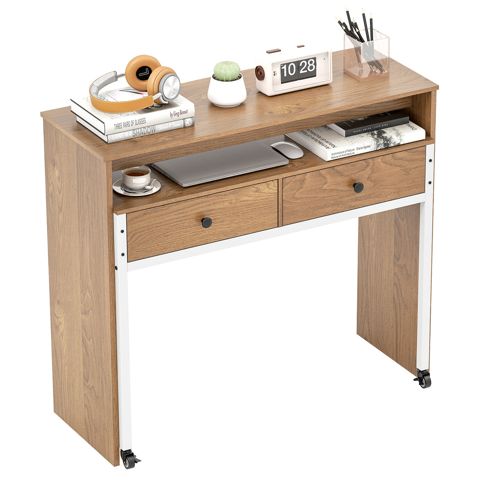 Extendable computer desk in natural finish with top shelf and two drawers, perfect for small spaces and versatile use.