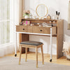 Extendable computer desk in natural finish with two drawers and top shelf, perfect for space-saving in any room.