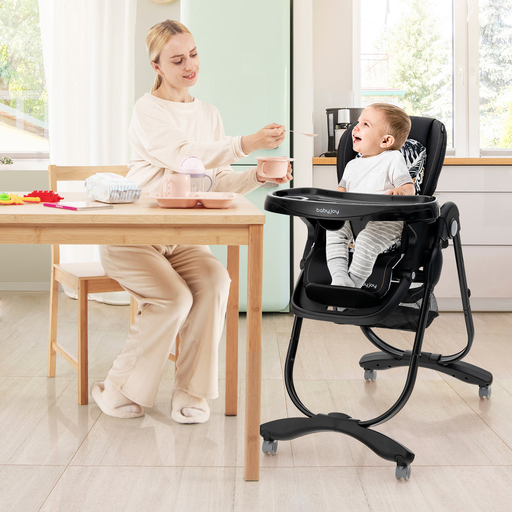 Multifunctional Folding Baby High Chair with Rolling Wheels and Adjustable Height-Black - Gallery View 1 of 10