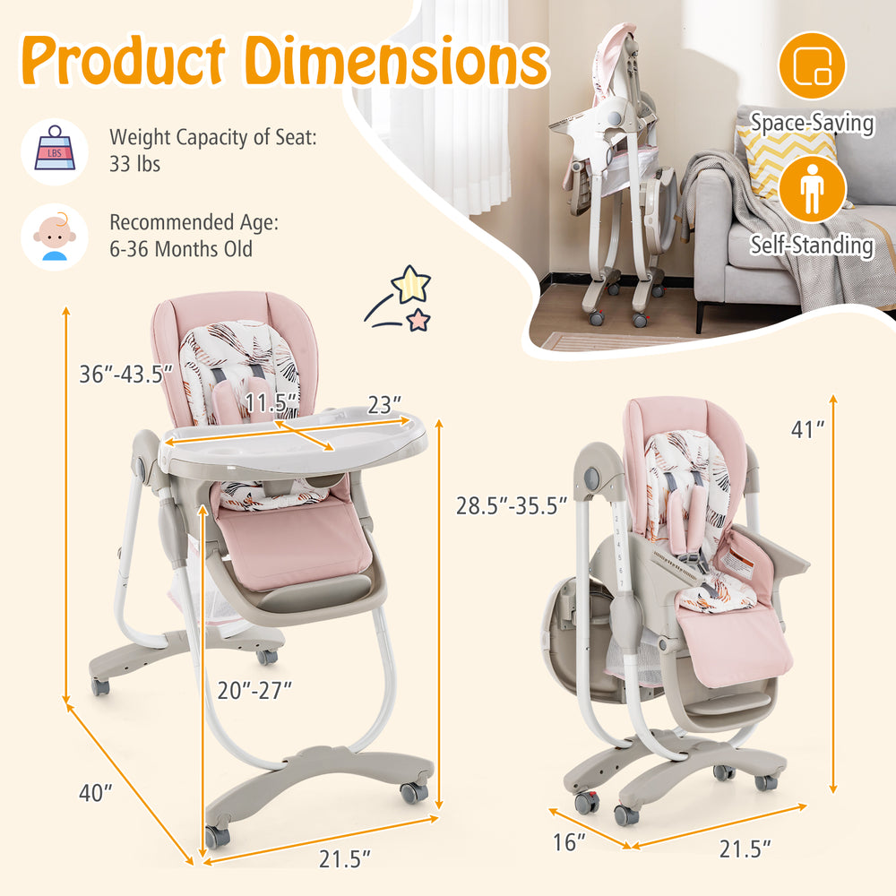 Multifunctional pink baby high chair with adjustable height, removable tray, and rolling wheels for easy mobility.