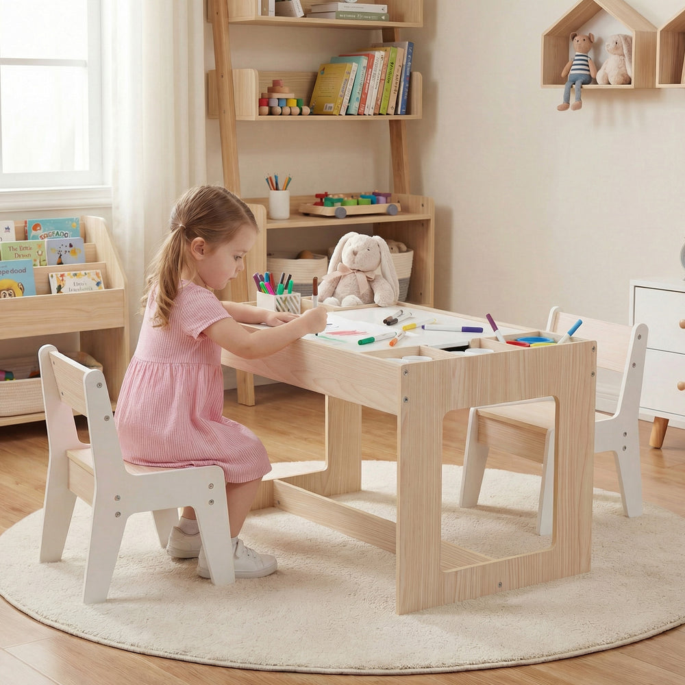 Kids table and 2 chairs set with chalkboard and whiteboard, perfect for homework, drawing, and play in natural finish.