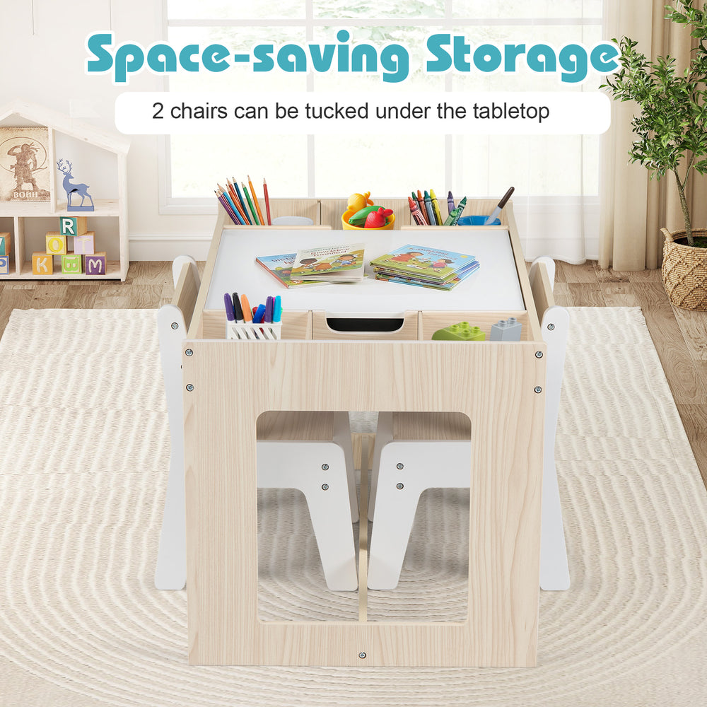 Multifunctional kids table with chalkboard and 2 chairs, featuring space-saving storage and rounded corners for safety.