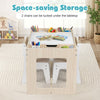 Multifunctional kids table with chalkboard and 2 chairs, featuring space-saving storage and rounded corners for safety.