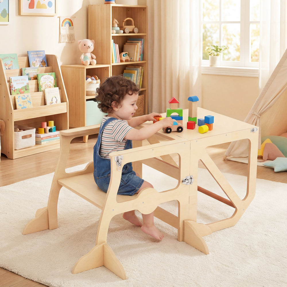 Kids using the multifunctional kitchen step stool as a table and chair set, featuring a removable safety bar and sturdy.