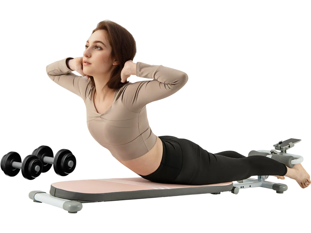 Multifunctional sit-up bench in pink with adjustable angles, featuring a high-density cushion for comfortable workouts.