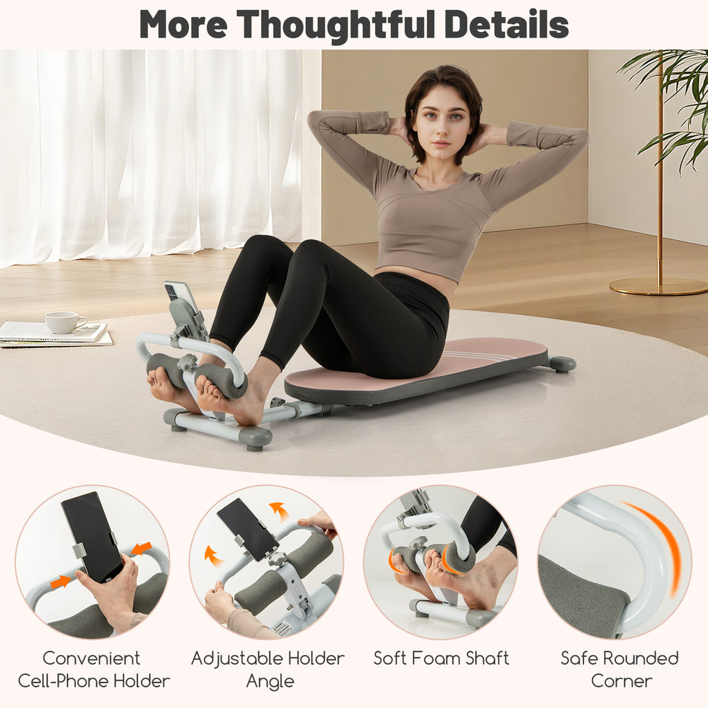 Multifunctional sit-up bench in pink with adjustable angles, cell phone holder, and soft foam cushion for comfortable.