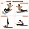 Multifunctional sit-up bench in pink, showcasing adjustable angles and exercises for versatile home workouts.
