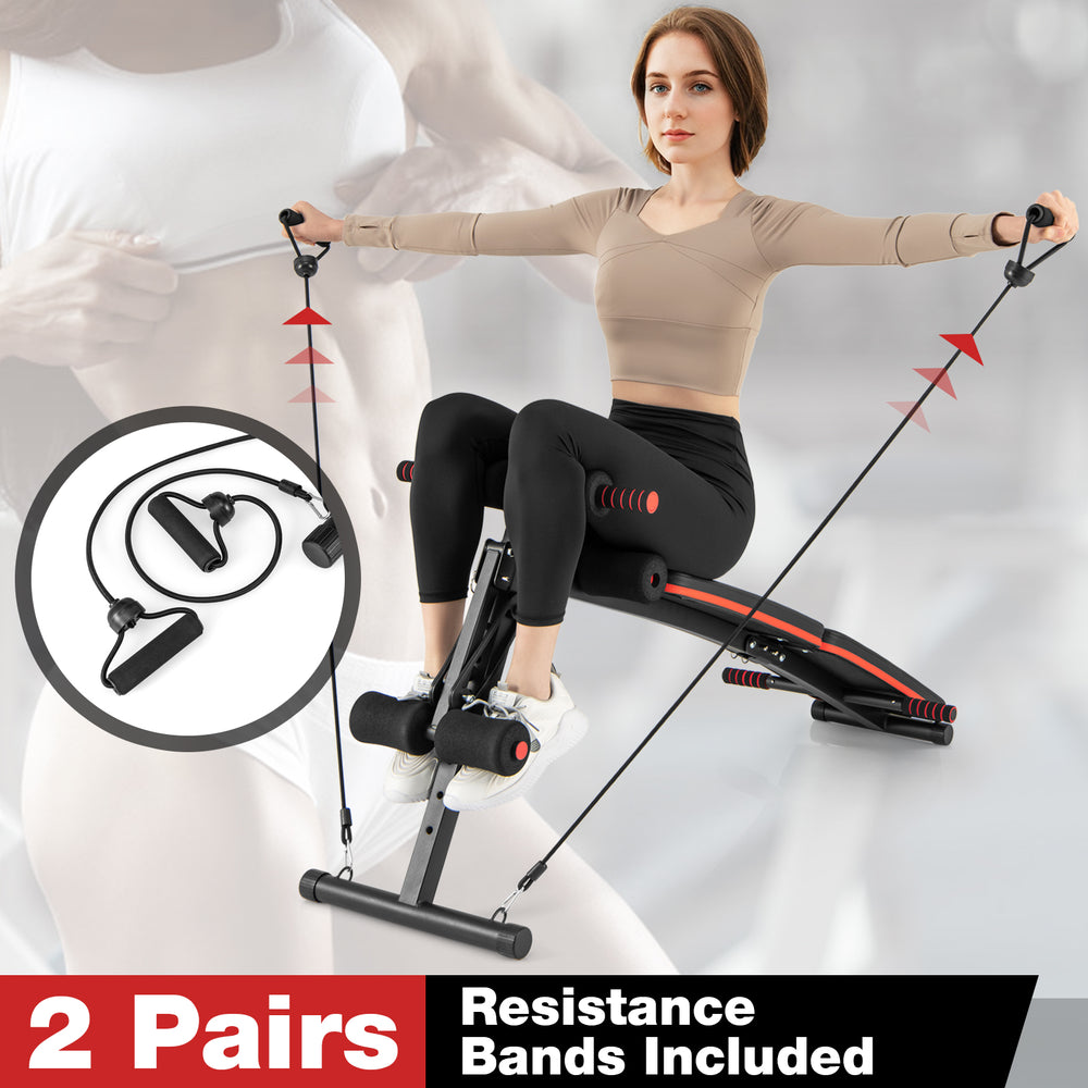 Multifunctional sit-up bench with adjustable positions, resistance bands included, ideal for versatile workouts at home.