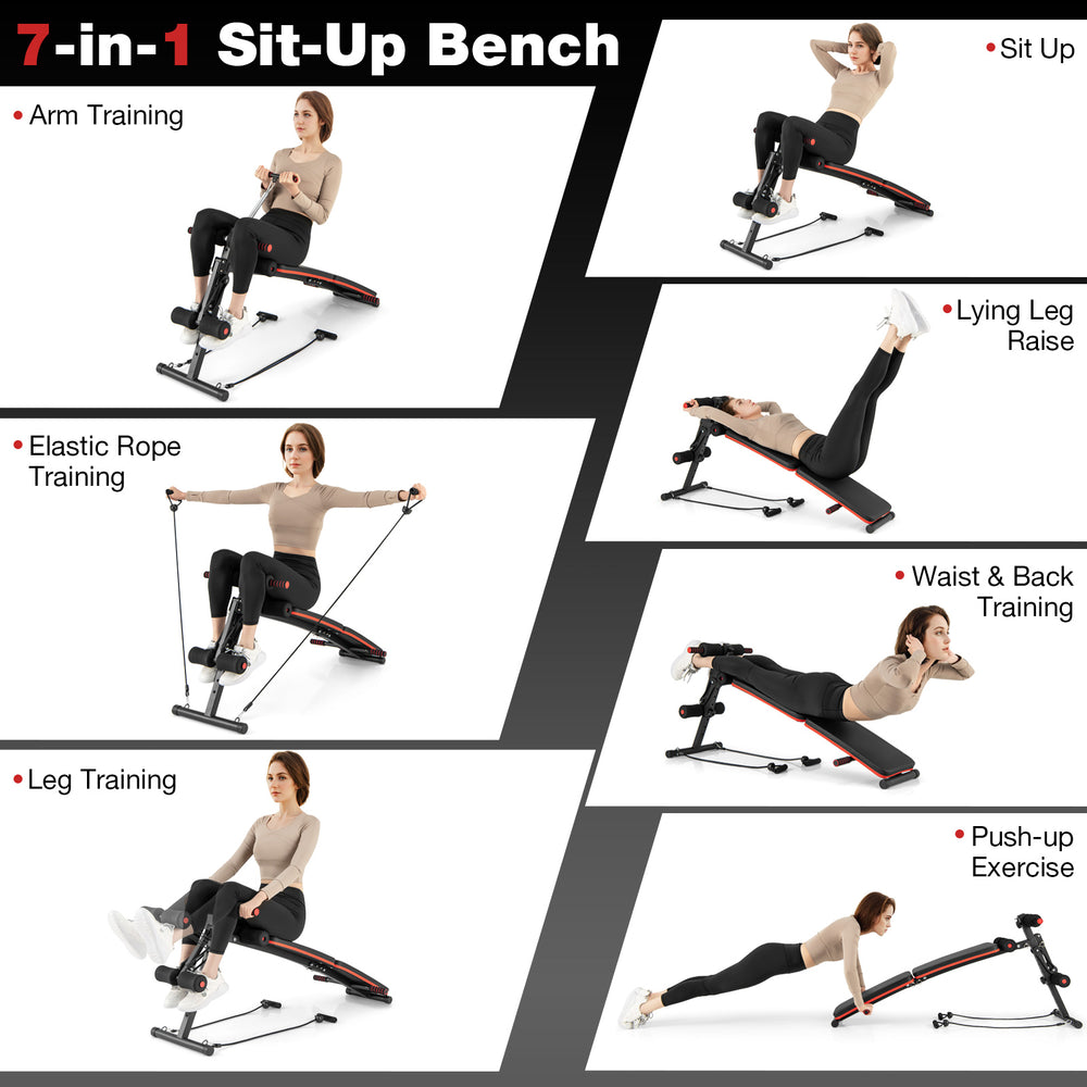 Multifunctional sit-up bench in use, showcasing adjustable positions for versatile workouts and comfortable padding.