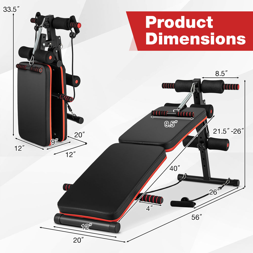 Adjustable multifunctional sit-up bench with dimensions, featuring durable construction and comfortable padding for.