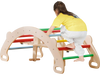 Multicolor wooden climbing toy with a supportive backrest, used as a rocker and arch climber for kids' physical.