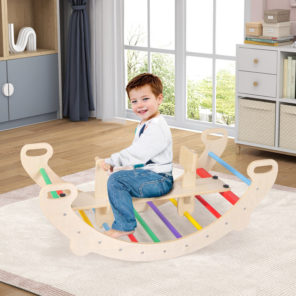 Multicolor 4-in-1 multifunctional wooden climbing toy with rocker, backrest, and handles for safe play and balance.