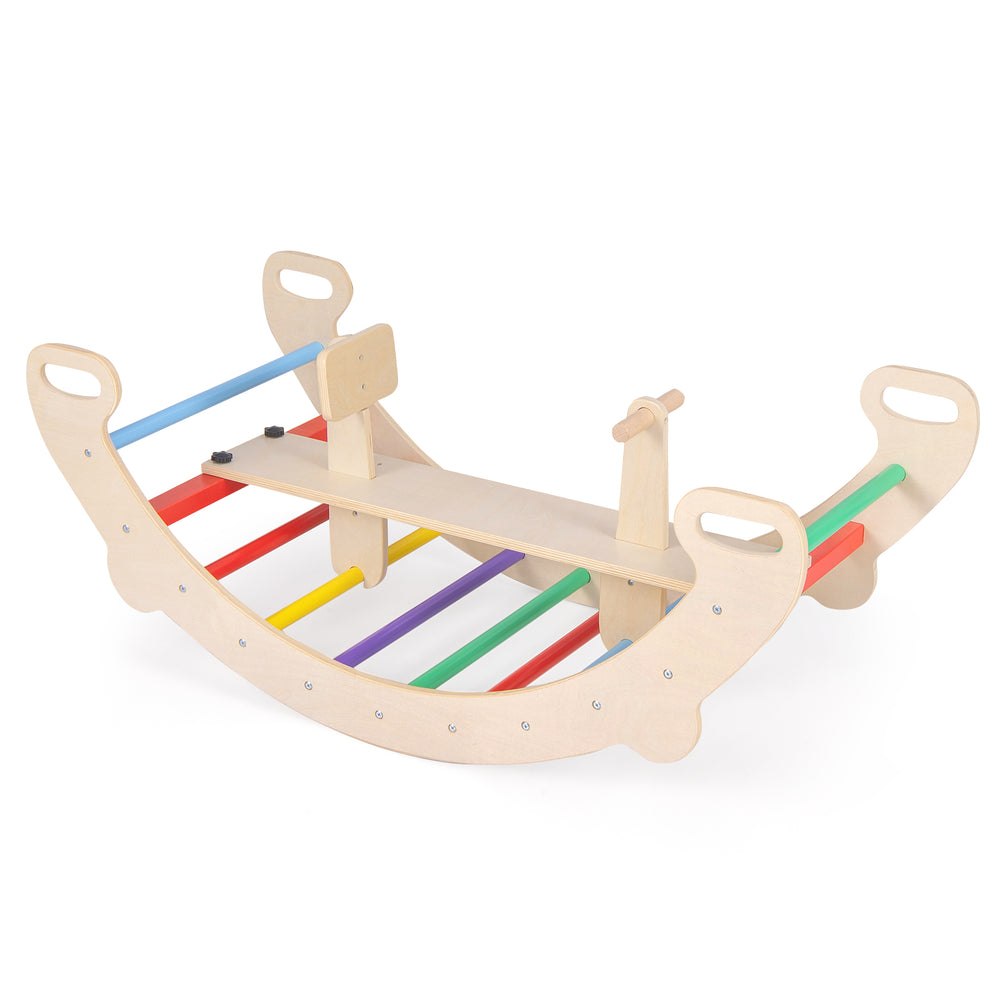 Multicolor 4-in-1 multifunctional wooden climbing toy with rocker, backrest, and crawling tunnel for safe play.