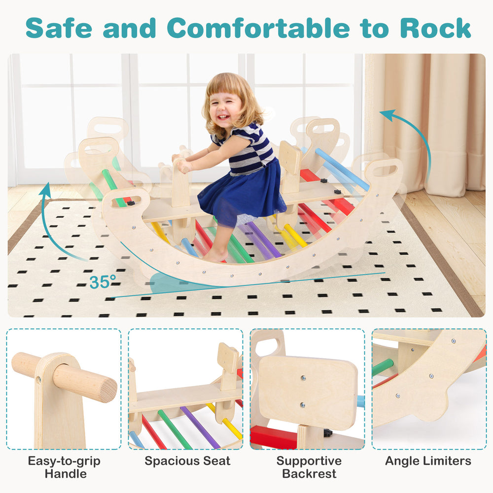Multicolor 4-in-1 wooden climbing toy with supportive backrest, easy-to-grip handle, and 35° rocking angle for safety.