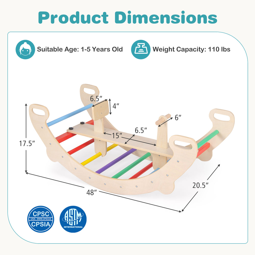 Dimensions of the 4-in-1 multifunctional wooden climbing toy, suitable for kids aged 1-5, with a weight capacity of 110.