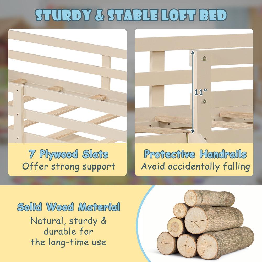 Detail of the 3-in-1 twin loft bed showing protective handrails and sturdy plywood slats for mattress support.