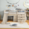 Twin loft bed with slide and drawers in beige, featuring sturdy wood construction and protective handrails for kids'.