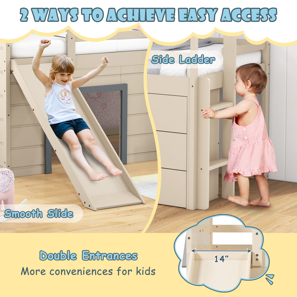 Twin loft bed with slide and side ladder, beige, featuring protective handrails and convenient storage drawers for kids.