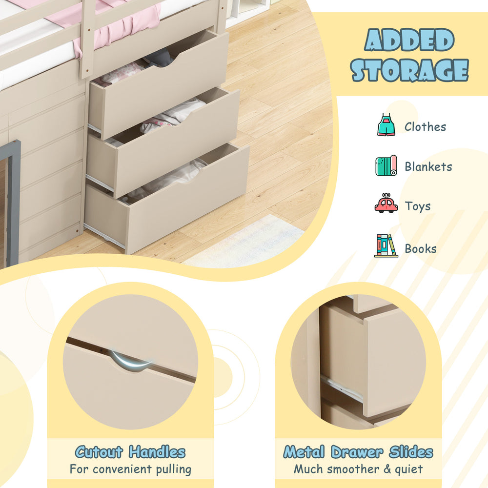 Beige 3-in-1 twin loft bed with slide, featuring three practical storage drawers for clothes and toys.