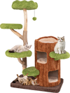 Multi-level cat tree in brown with double decker house, sisal scratching post, and wide perches for lounging and play.
