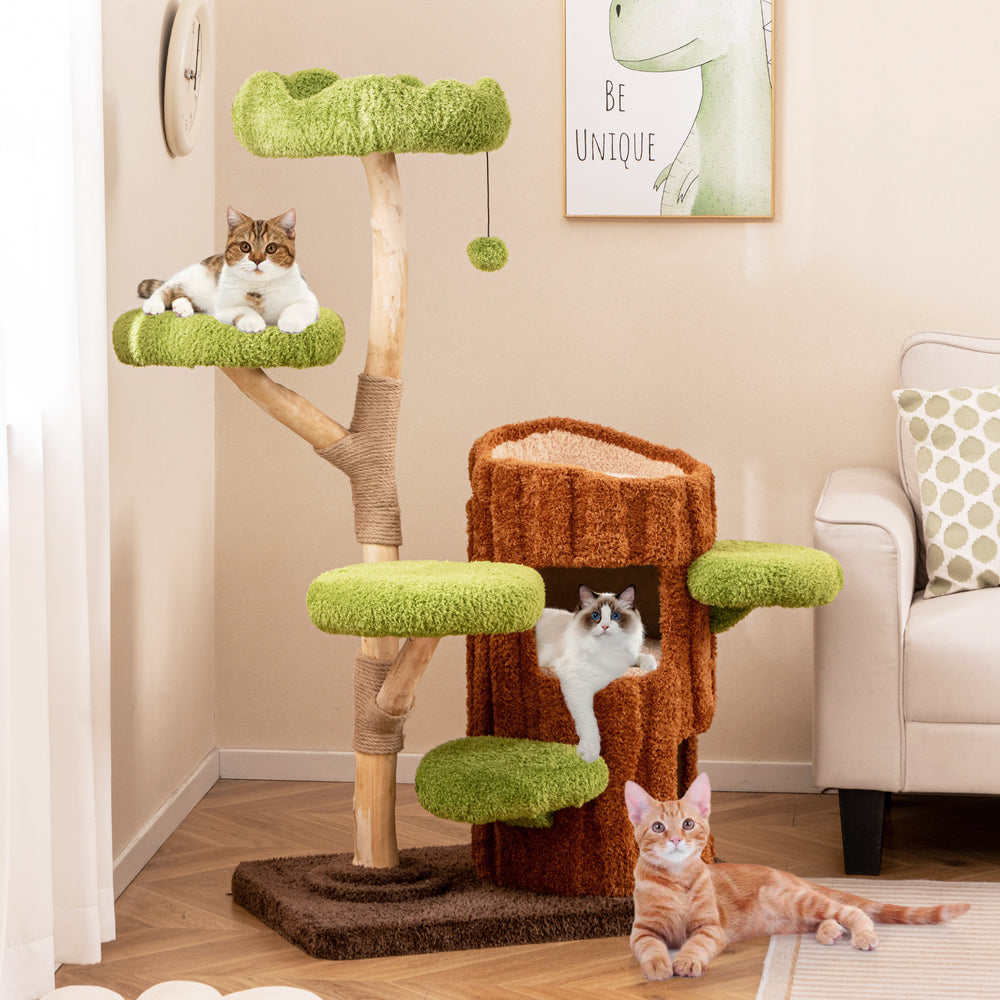 Multi-level cat tree featuring a brown double decker house, sisal scratching post, and cozy perches for feline.